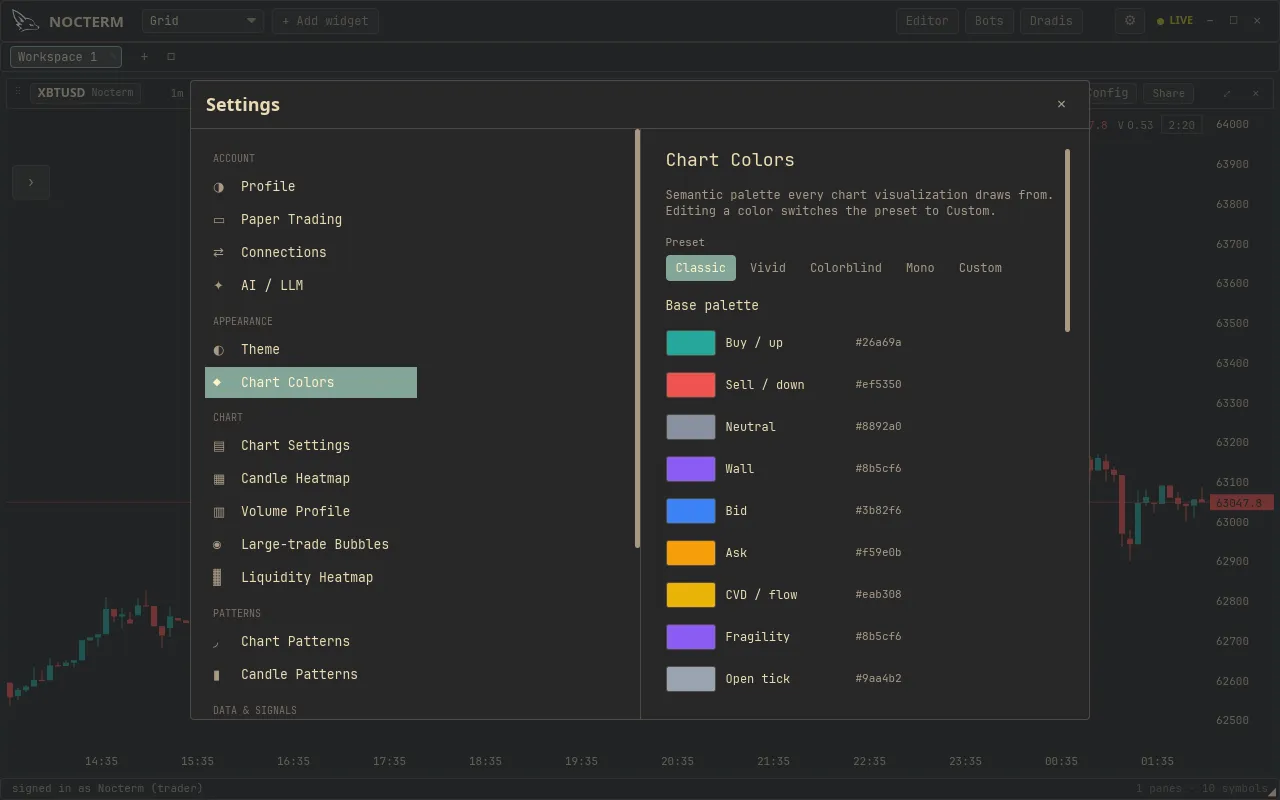 The Appearance settings with a palette preset selected and per-surface color overrides expanded