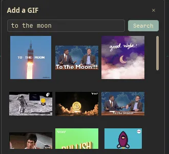 The Giphy search panel for finding a GIF