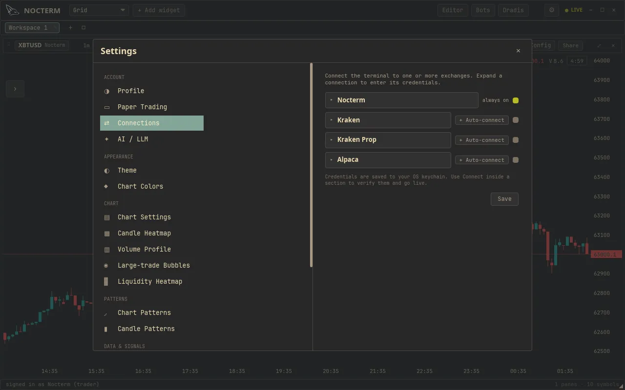 The Connections settings with an exchange expanded, showing the API-key fields and connection dot