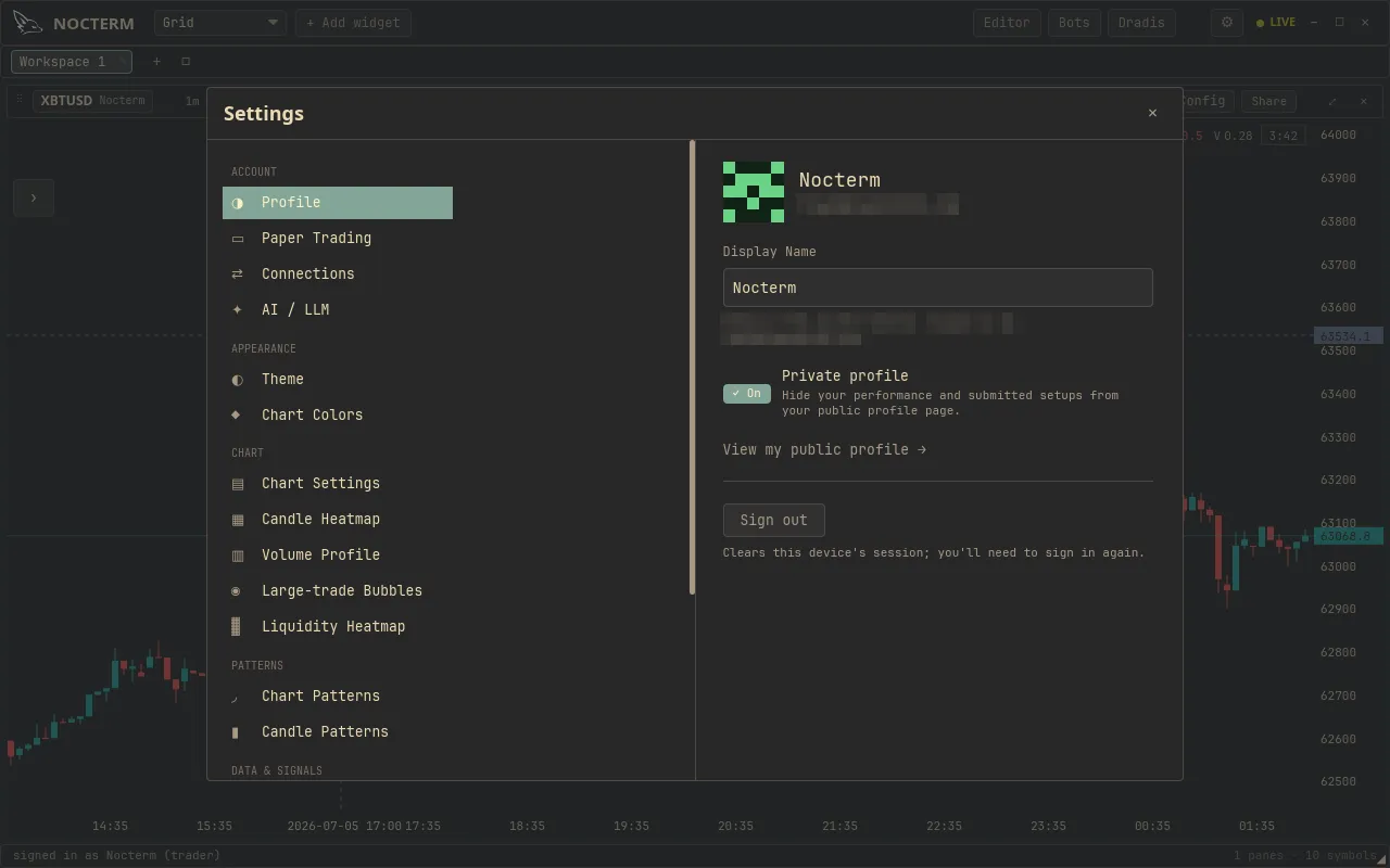 The Account settings page with display name, tier badge and upgrade option