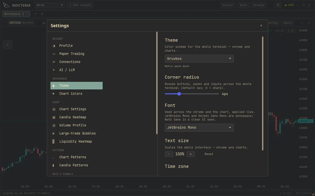 The Appearance settings showing the theme switch and the chart palette editor