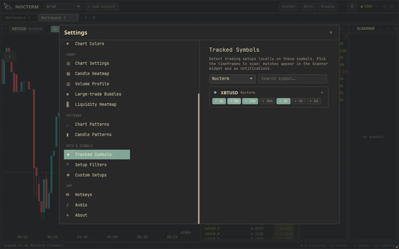 The tracked-symbols list in Settings with add and remove controls