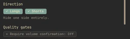 The direction, trend alignment, volume, and per-timeframe toggles