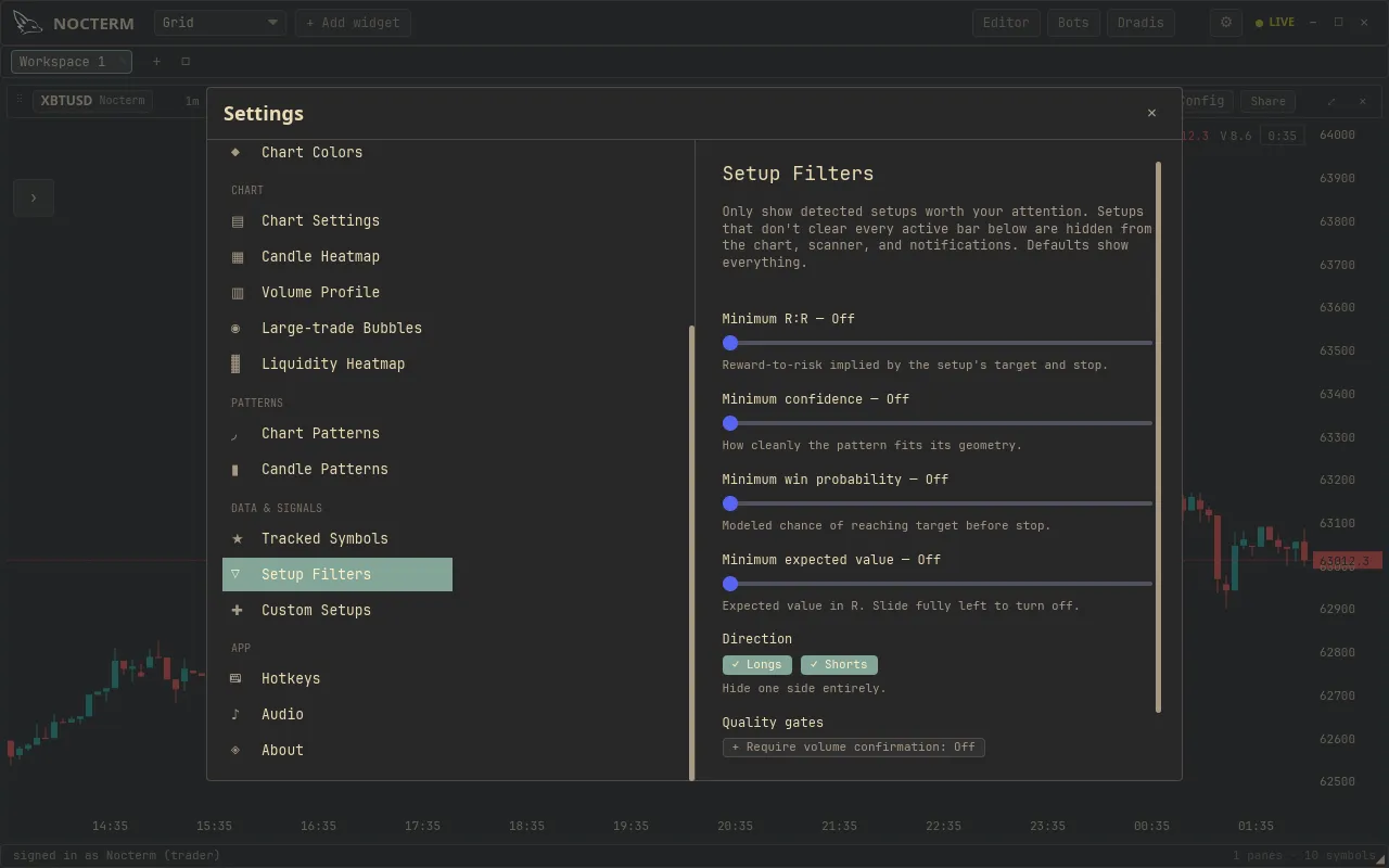 The Signal Filters settings page with every gate threshold