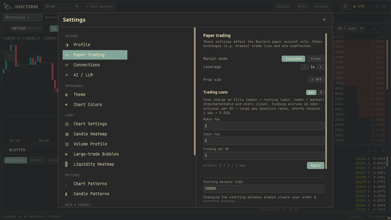 The Trading costs steppers for maker, taker, and funding rates